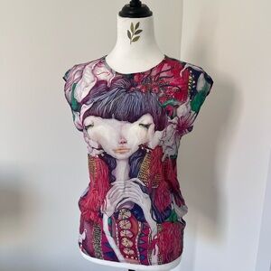 NOT AVAILABLE Vintage Silk Graphic Art Print Cap Sleeve Top